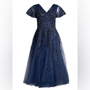 Mac Duggal Navy Blue Beaded Midi Dress